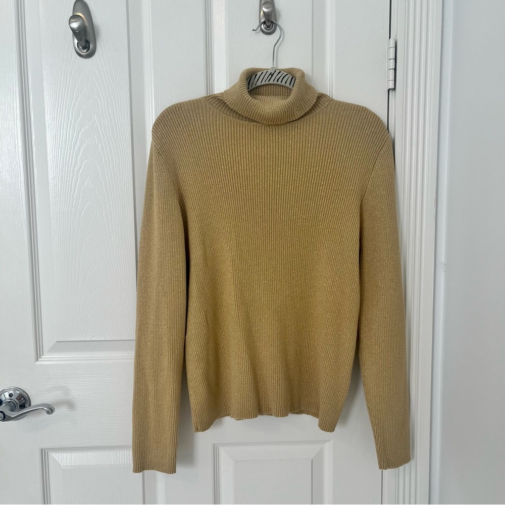 RALPH LAUREN Women's Gold Glitter Metallic Turtleneck Ribbed Knit Sweater | XL